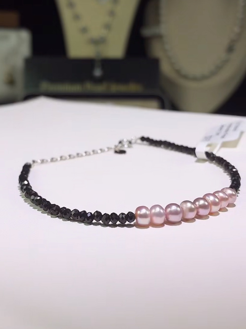 Freshwater Pink Pearls and Black Faceted obsidian Adjustable Bracelet